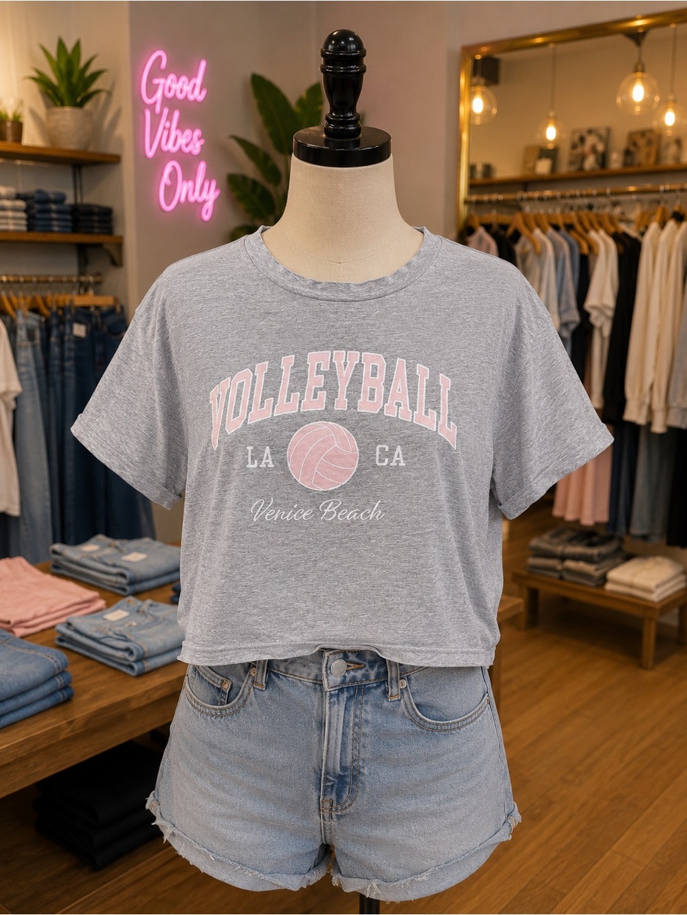 Volleyball Venice Beach Crop Tee - Light Gray & Pink